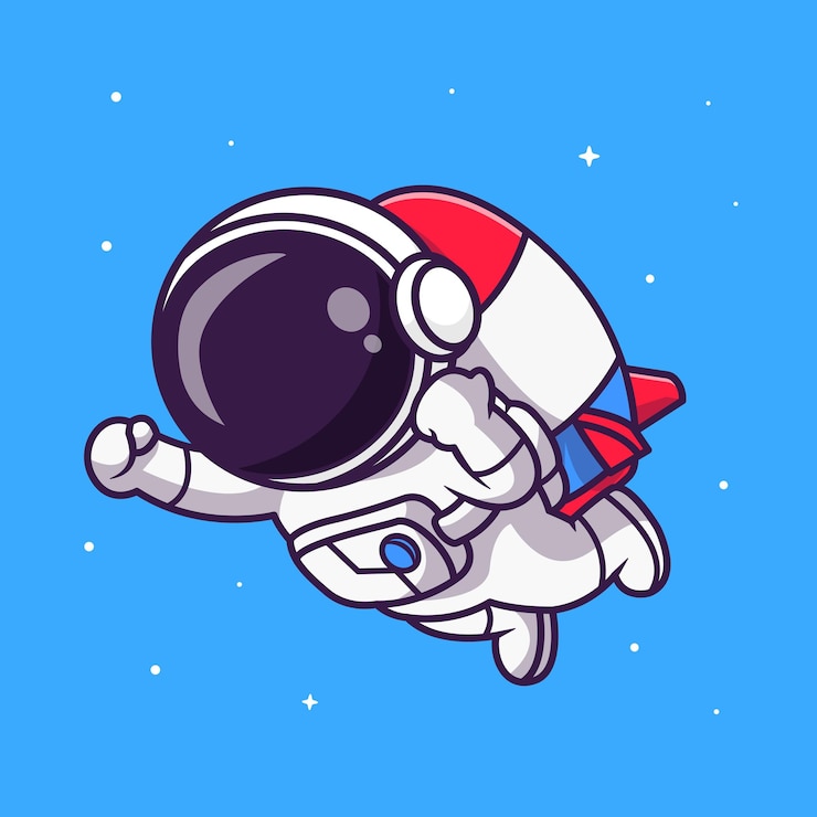 Vector Gratis ilustrasi ikon vektor kartun astronot lucu terbang dengan roket, ikon teknologi sains terisolasi