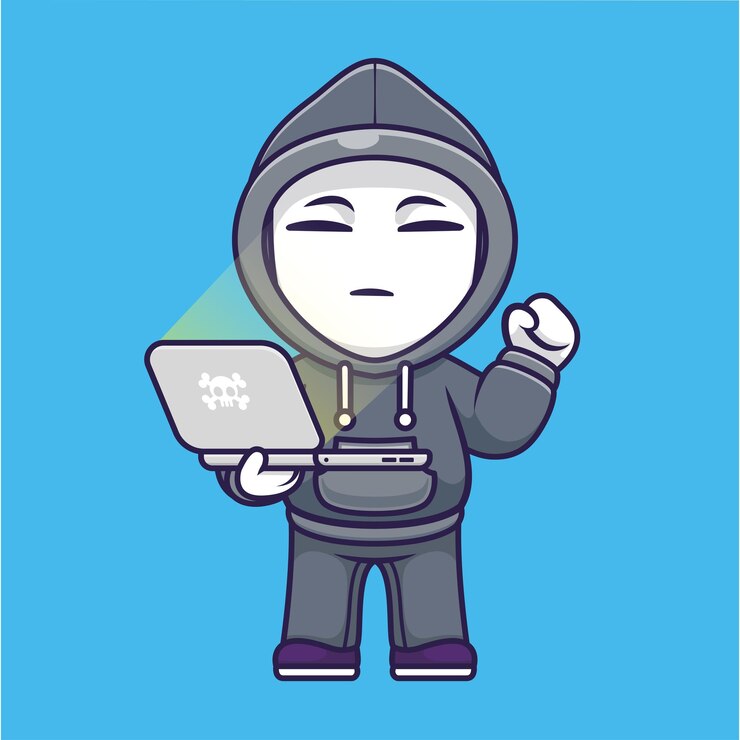 Vector Gratis ilustrasi ikon vektor kartun hacker lucu mengoperasikan laptop ikon teknologi orang terisolasi datar