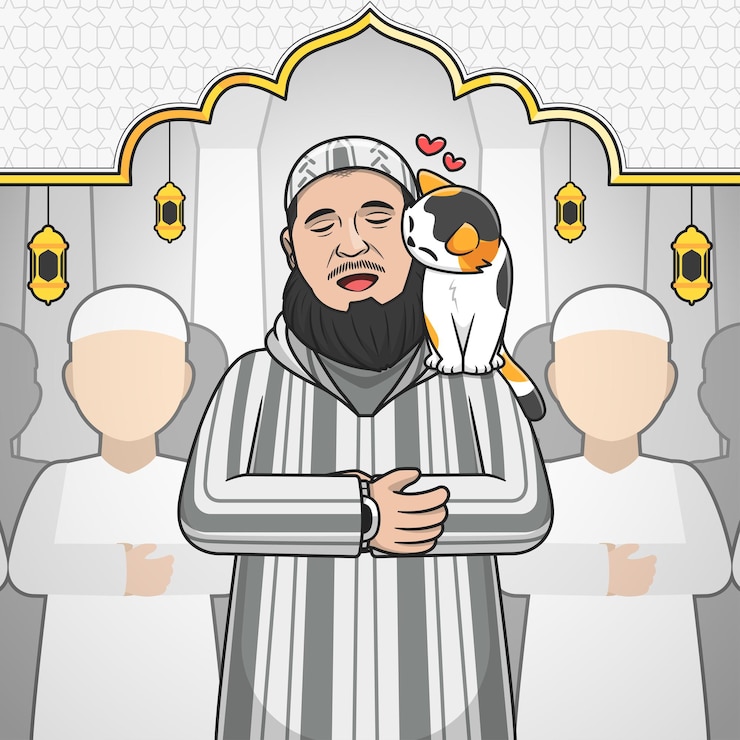 Vector Gratis ilustrasi ikon vektor kartun muslim pria berdoa dengan kucing konsep ikon agama orang terisolasi