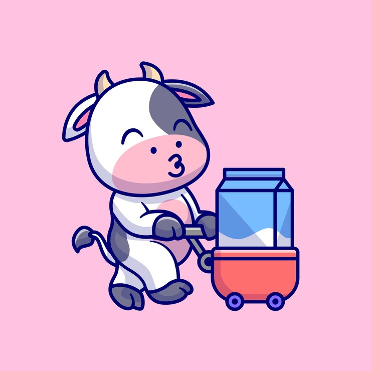Vector Gratis ilustrasi ikon vektor kartun sapi lucu membawa susu dengan troli. ikon minuman hewan terisolasi datar