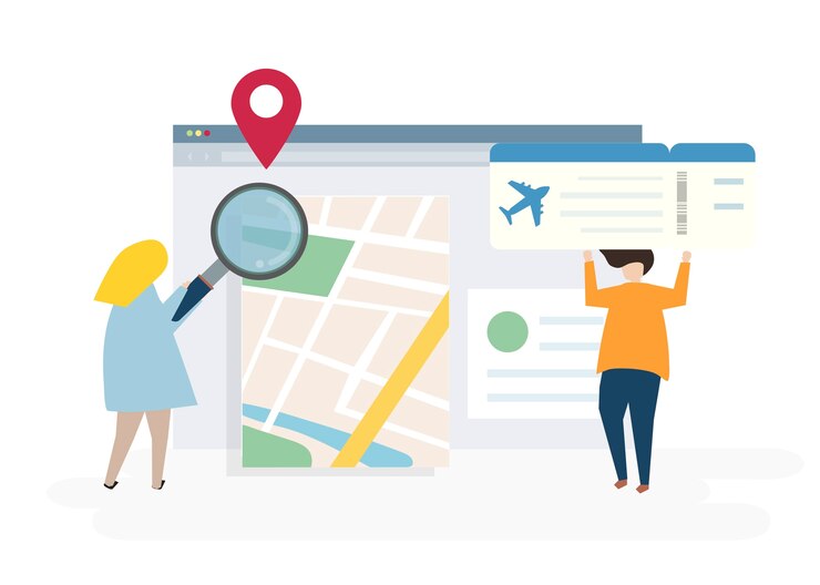 Vector Gratis ilustrasi karakter dengan konsep bepergian dan pemesanan online
