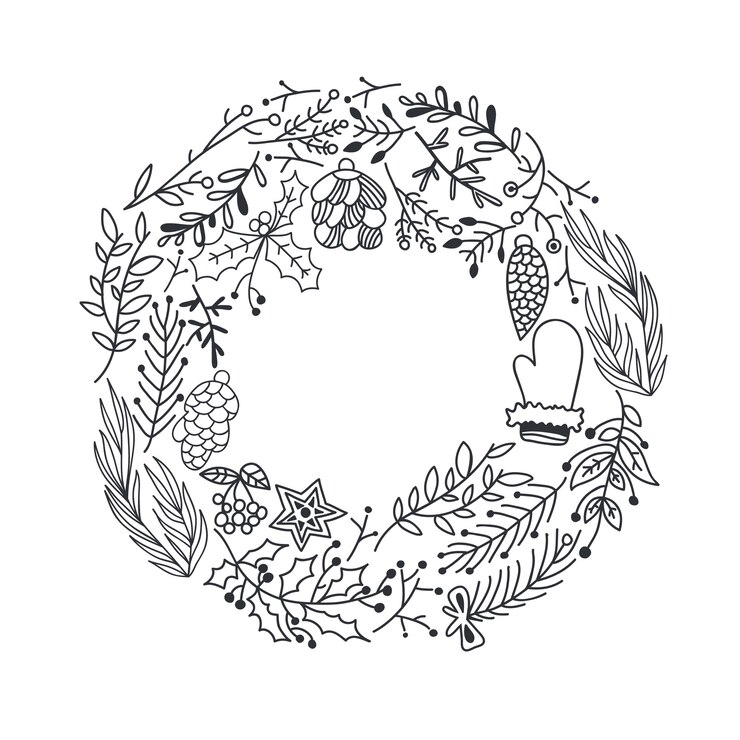 Vector Gratis ilustrasi karangan bunga natal bundar digambar tangan dengan cabang pohon, beri holly, kerucut, bintang, dan sarung tangan