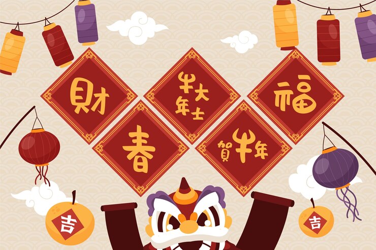Vector Gratis ilustrasi kuplet musim semi tahun baru cina datar