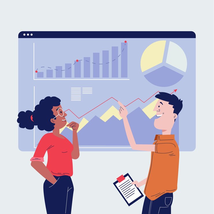 Vector Gratis ilustrasi orang-orang yang digambar tangan bergaya datar sedang menganalisis grafik pertumbuhan