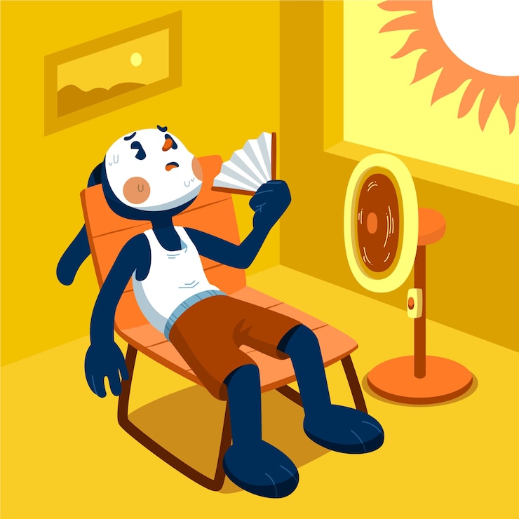 Vector Gratis ilustrasi panas musim panas datar dengan kartun di depan kipas angin