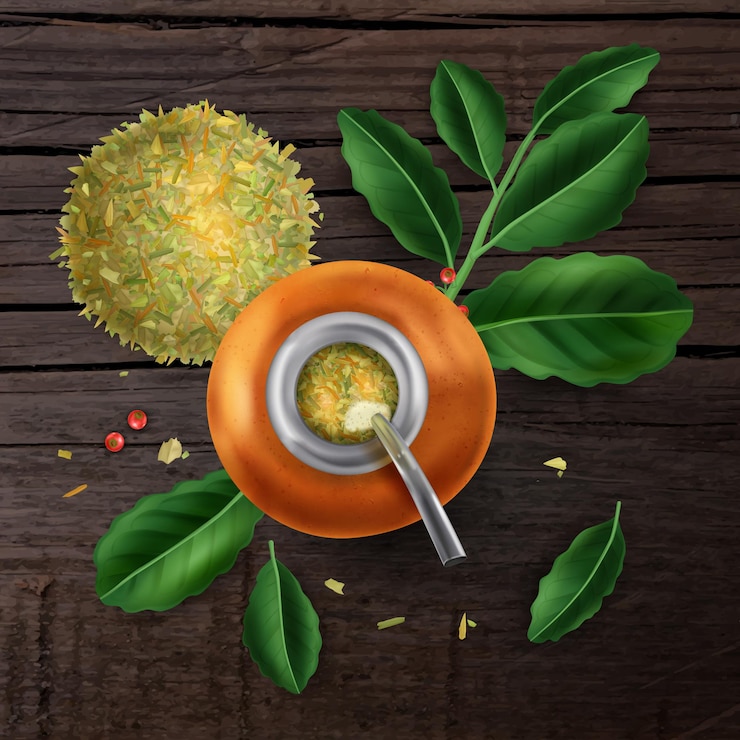 Vector Gratis ilustrasi realistis tampilan atas teh mate segar dalam labu di permukaan kayu dengan daun hijau