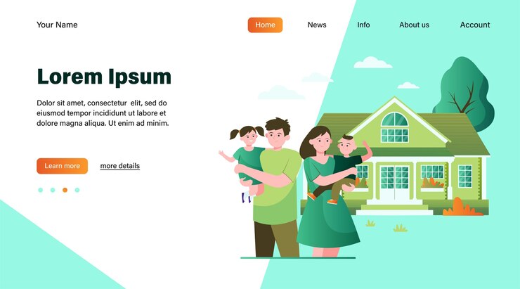 Vector Gratis ilustrasi vektor datar keluarga muda bahagia berdiri di depan rumah. ibu kartun, ayah, dan anak-anak berada di luar bersama. konsep kebersamaan, cinta, rumah, dan kebahagiaan