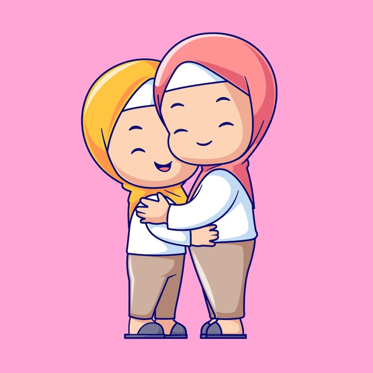Vector Gratis ilustrasi vektor ikon kartun gadis muslimah imut memeluk gadis ikon agama orang terisolasi