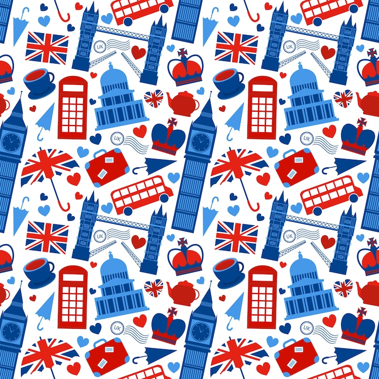 Vector Gratis ilustrasi vektor latar belakang pola mulus dengan marka tanah london dan simbol inggris