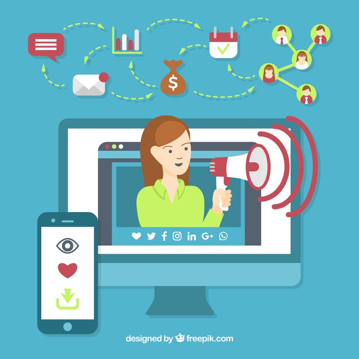 Vector Gratis influencer marketing concept with woman in monitor