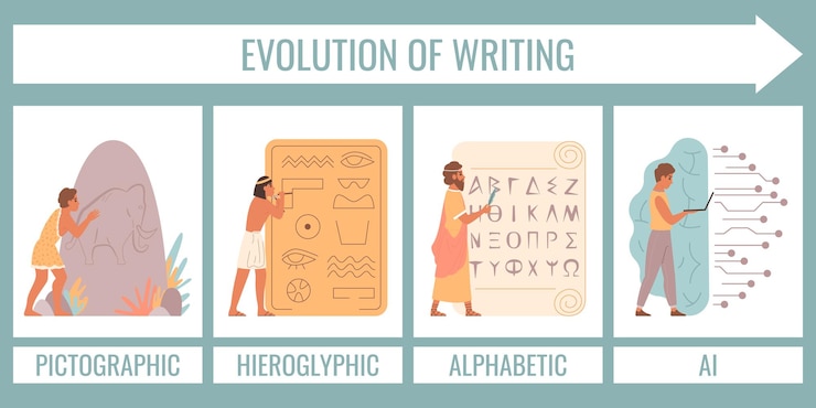 Vector Gratis infographic poster in flat style showing evolution of writing from pictographic to artificial intelligence vector illustration