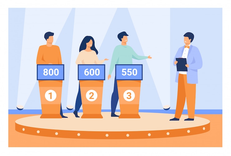 Vector Gratis intelligent young people playing television quiz with host