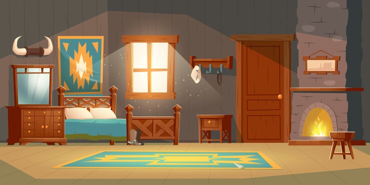 Vector Gratis interior kamar tidur koboi di rumah pedesaan