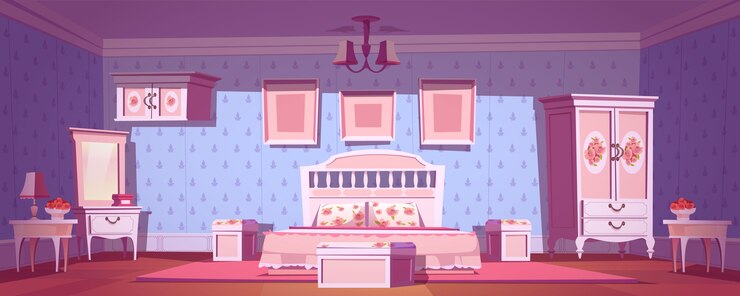 Vector Gratis interior kamar tidur shabby chic, kamar vintage kosong dengan perabotan retro elegan