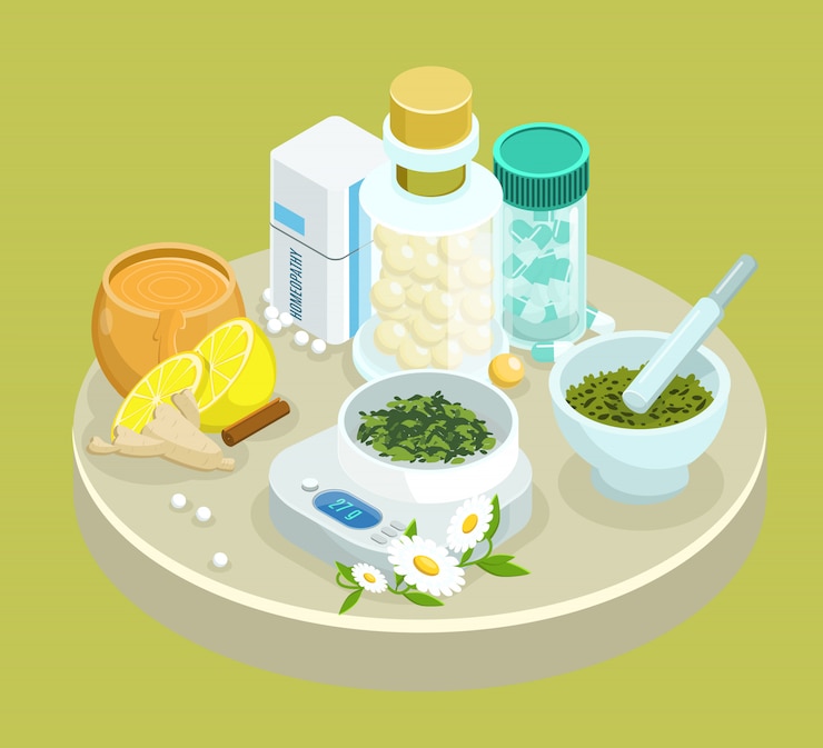 Vector Gratis isometric alternative treatment medications template with natural herbs ingredients