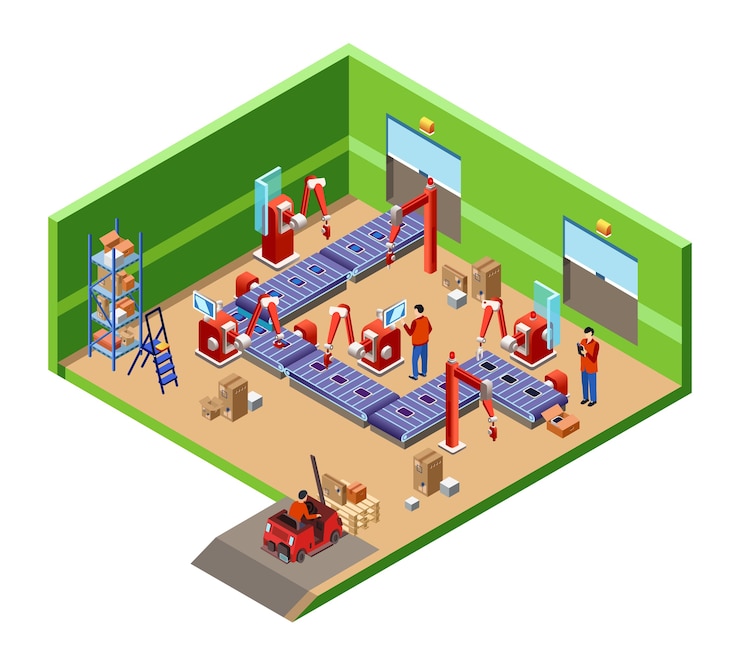 Vector Gratis isometric automatic assembly factory robotic line cross section concept
