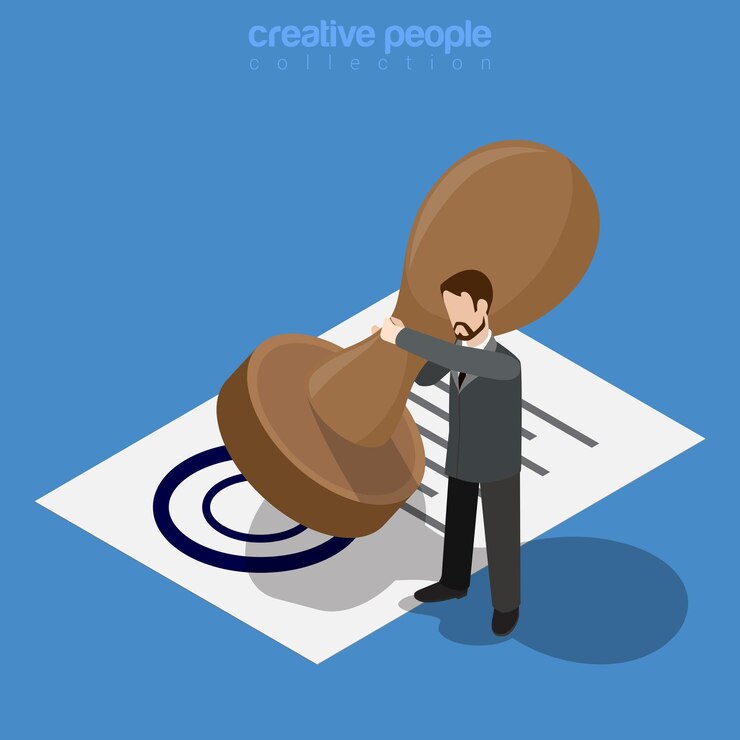 Vector Gratis isometric business concept. micro office worker man make approve by huge stamp printed document