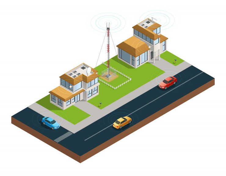 Vector Gratis isometric composition of town street with devices in houses tower and cars connected