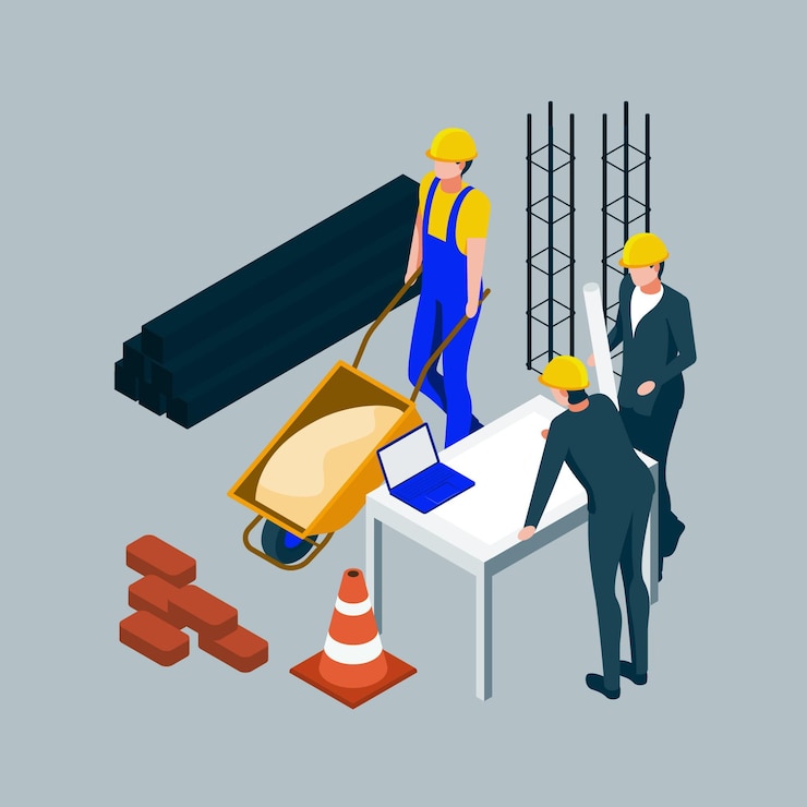 Vector Gratis isometric engineers working on construction illustration