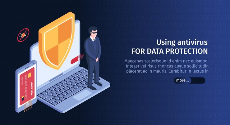 Vector Gratis isometric hacker horizontal banner with computer security image and slider button for more information