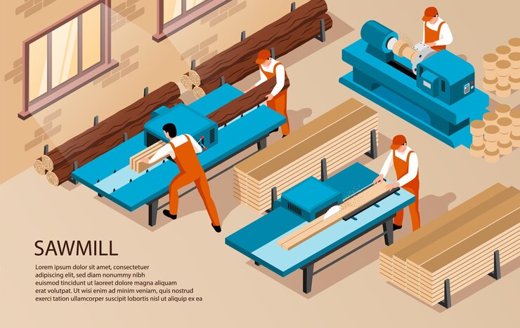 Vector Gratis isometric illustration of sawmill woodworking with text and indoor workers inside production facility