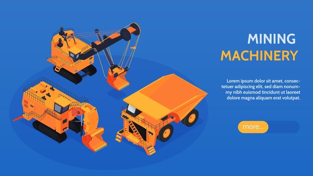 isometric mining horizontal banner with clickable more button editable text and images of heavy yellow bulldozers vector illustration