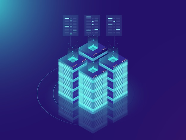Isometric Server room and big data processing concept, datacenter and data base icon