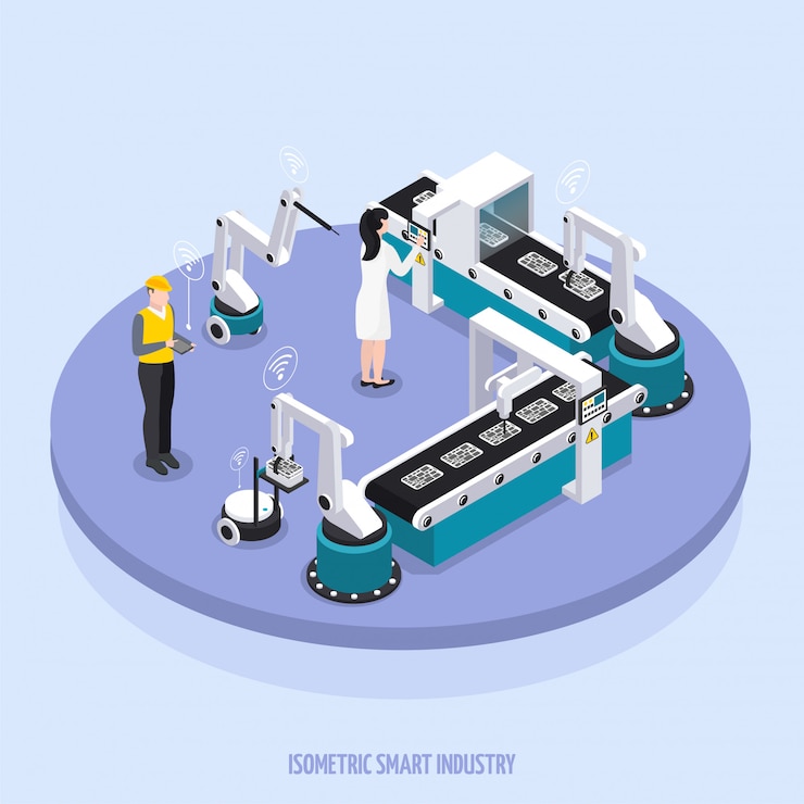 Vector Gratis isometric smart industry round platform with two workers supervise the equipment vector illustration