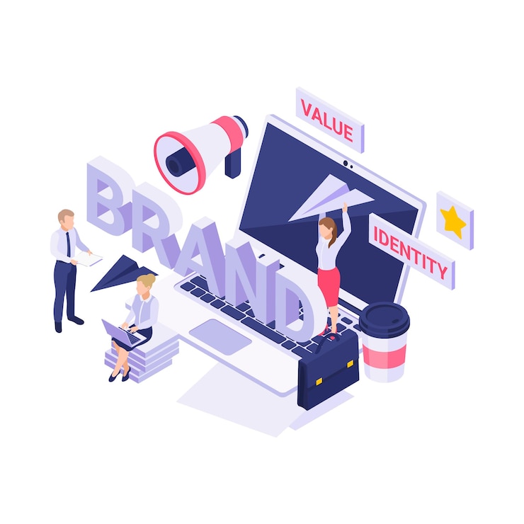 Vector Gratis isometrik dengan orang-orang yang mengerjakan strategi merek baru, ilustrasi 3d