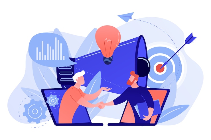 Vector Gratis jabat tangan pengusaha dari laptop dan megafon. kolaborasi dan komunikasi, konsep bisnis korporat dan kooperatif di latar belakang putih.