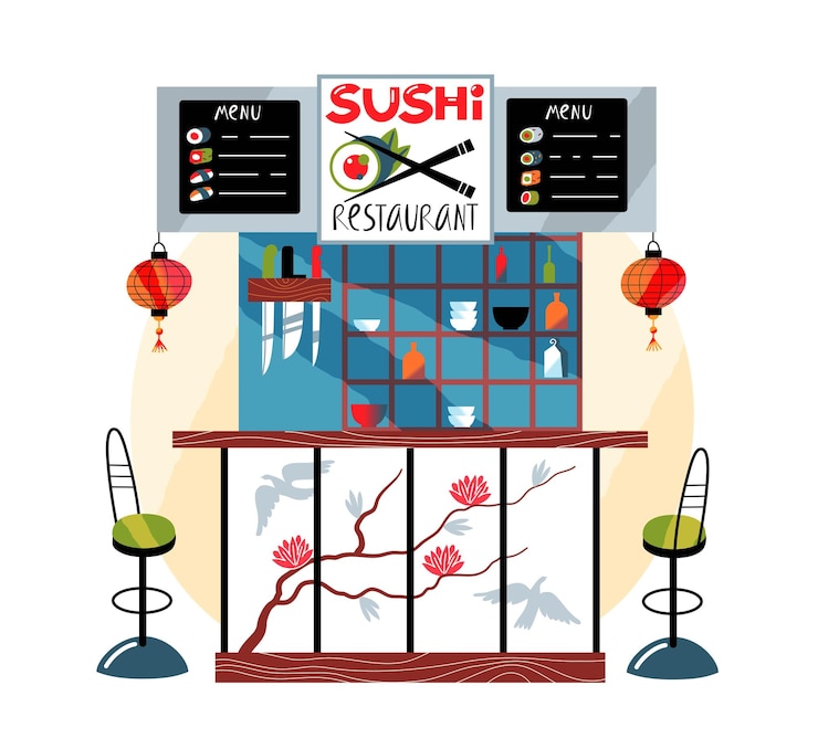 Vector Gratis japanese sushi restaurant counter background asian traditional cuisine modern interior design with counter stools menu lanterns poster knives and cutlery