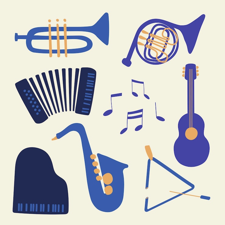 Vector Gratis jazz music instruments sticker, retro design, entertainment graphic in blue vector collection