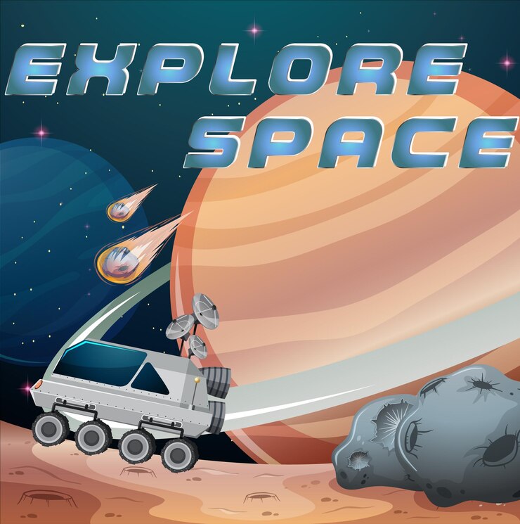 Vector Gratis jelajahi logo luar angkasa dengan latar belakang komet planet