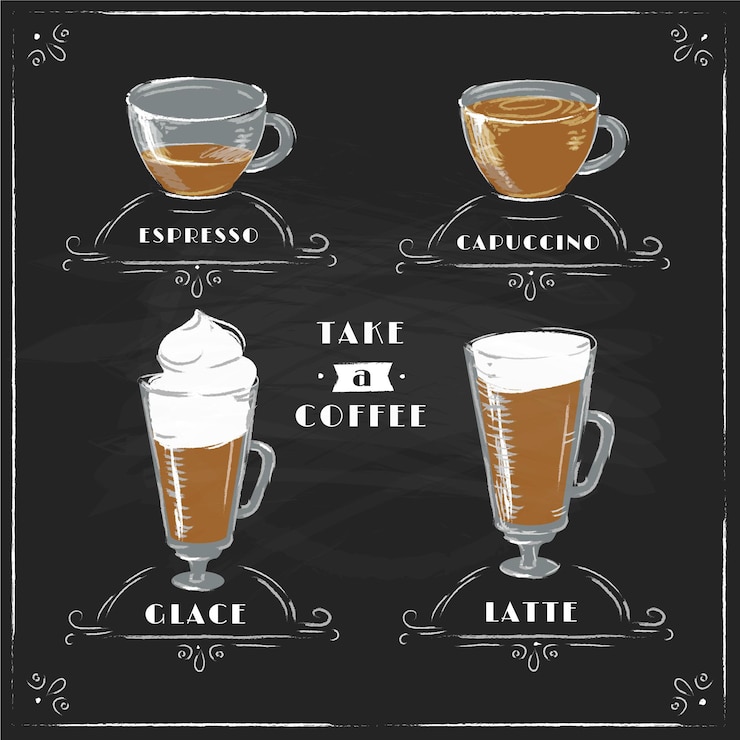 Vector Gratis jenis kopi papan tulis vintage dalam cangkir