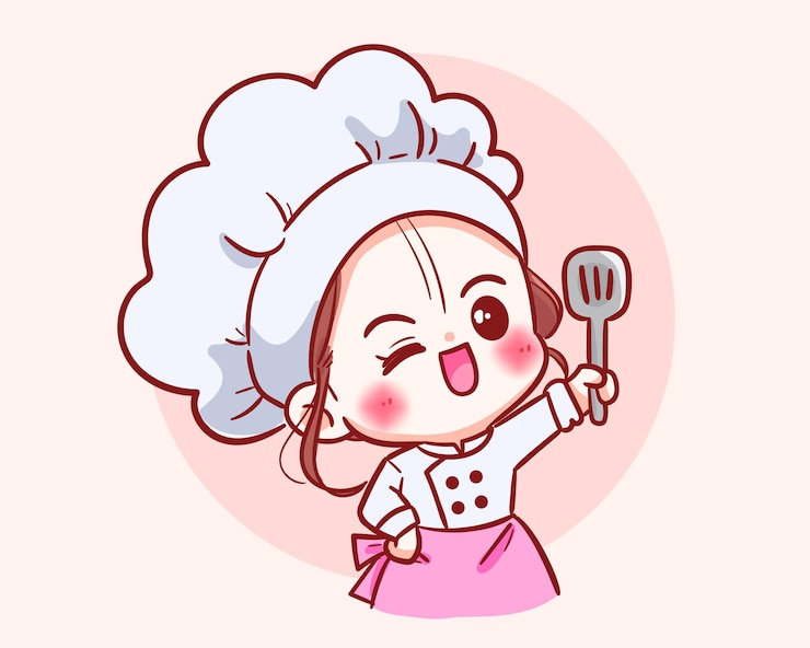 Vector Gratis karakter gadis koki lucu berseragam memegang spatula, logo restoran makanan, ilustrasi seni kartun