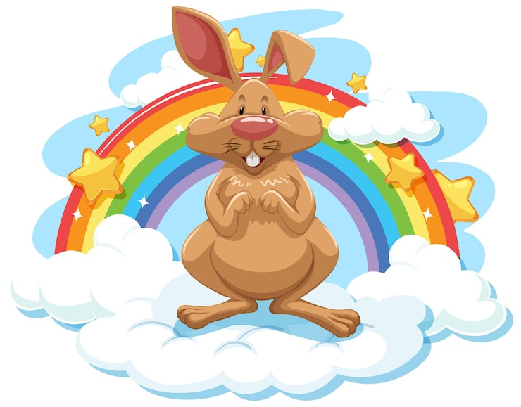 Vector Gratis kelinci lucu di atas awan dengan pelangi