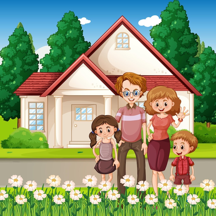 Vector Gratis keluarga bahagia berdiri di depan rumah