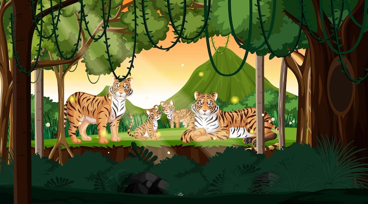 Vector Gratis keluarga harimau dengan latar belakang lanskap hutan
