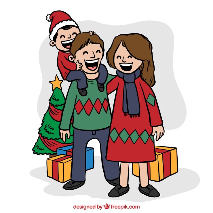 Vector Gratis keluarga natal yang digambar tangan dengan hadiah yang ceria