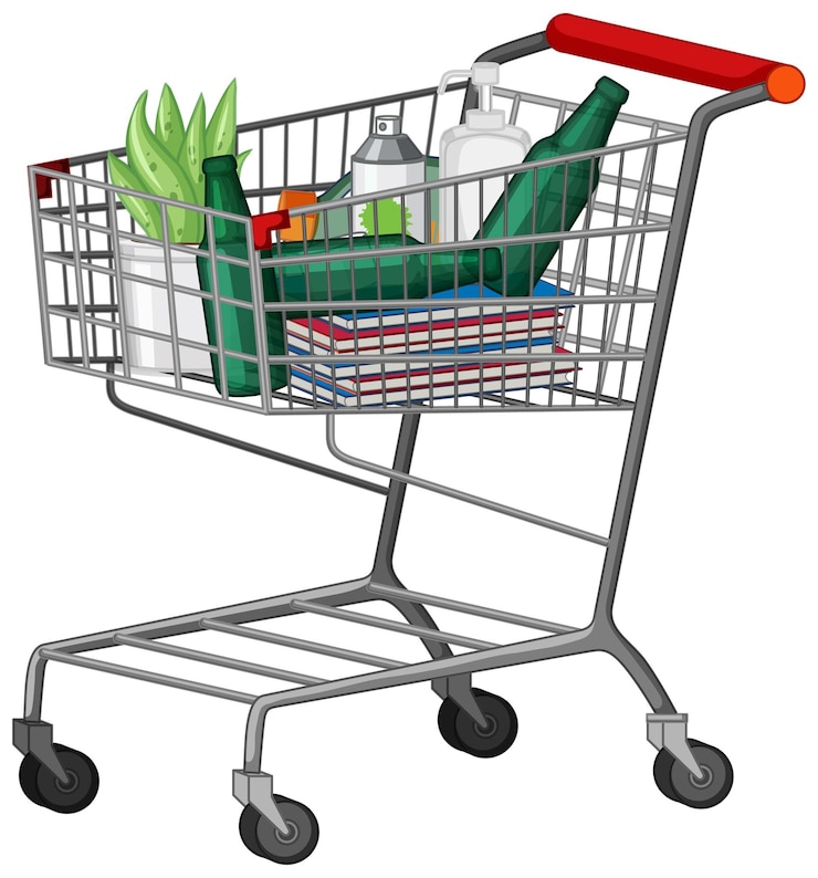Vector Gratis keranjang belanja penuh barang di latar belakang putih