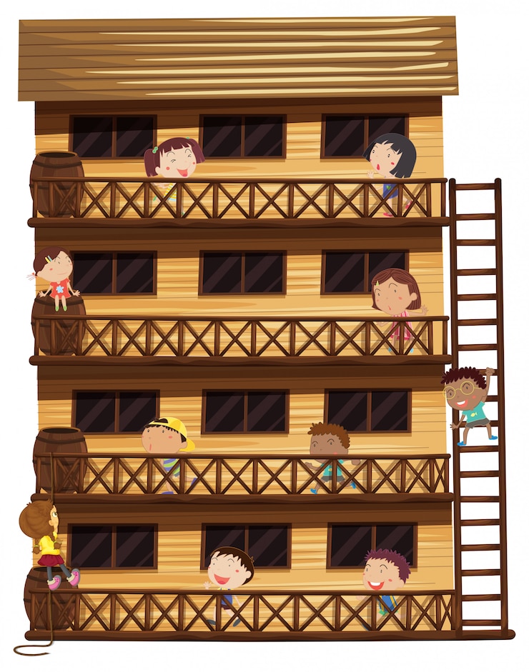 Vector Gratis kids on different floors of the house