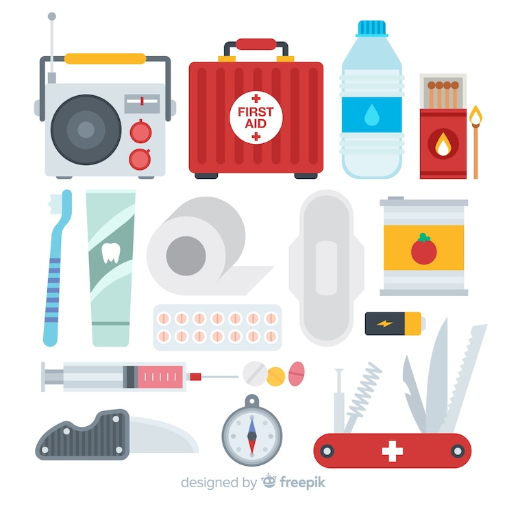 Vector Gratis kit darurat kreatif untuk bertahan hidup dalam desain datar