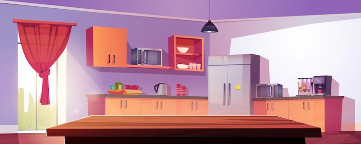 Vector Gratis kitchen interior in company office vector cartoon illustration of spacious dining room with wooden furniture fridge coffee machine sweet dispenser paper cups microwave oven sunlight in window