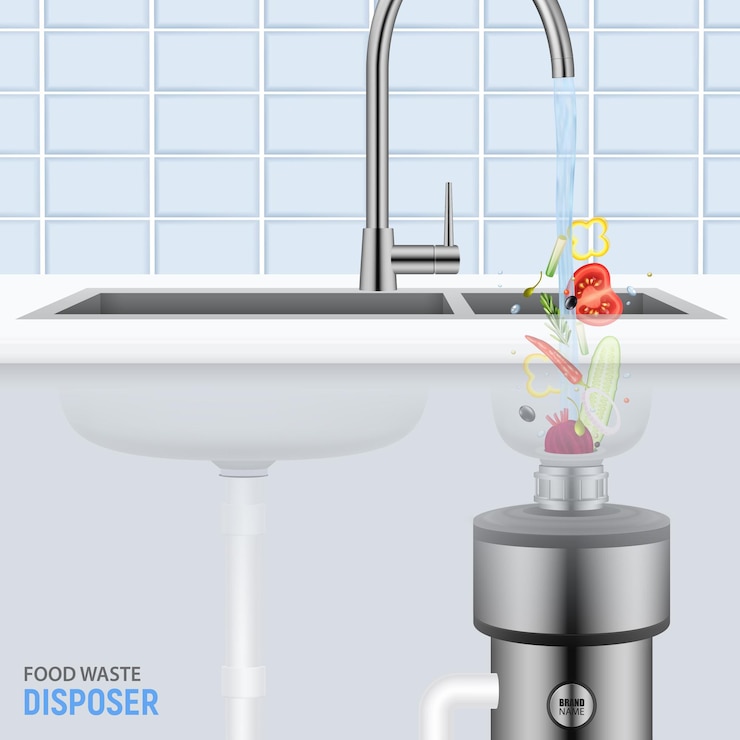 Vector Gratis kitchen sink with slices of vegetables falling with water into food waste disposer realistic