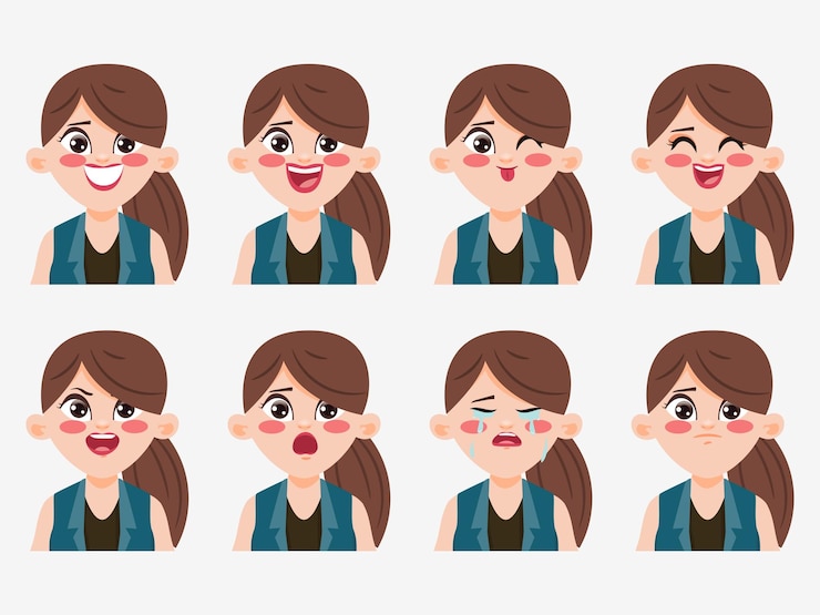 Vector Gratis klip seni wanita dengan karakter menunjukkan emosi wajah