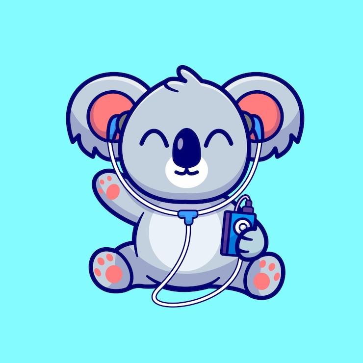 Vector Gratis koala lucu mendengarkan musik dengan ilustrasi ikon vektor kartun earphone. musik hewan terisolasi