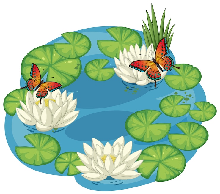 Vector Gratis kolam tenang dengan kupu-kupu dan lili
