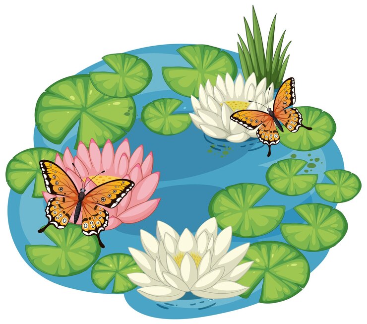 Vector Gratis kolam tenang dengan kupu-kupu dan lili