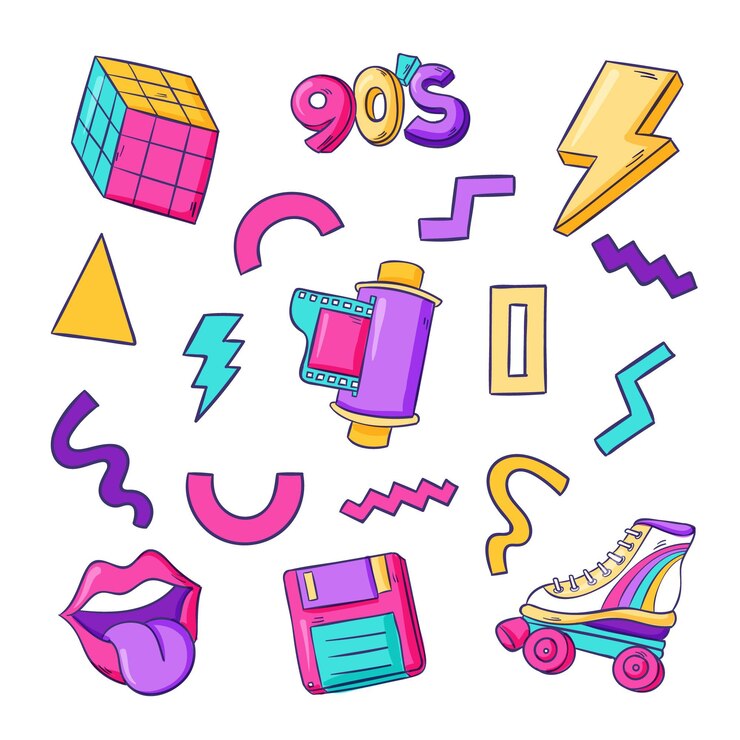 Vector Gratis koleksi elemen 90-an nostalgia yang digambar tangan