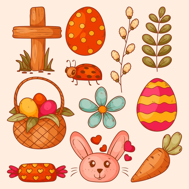Vector Gratis koleksi elemen desain digambar tangan untuk liburan paskah